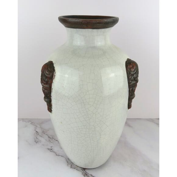 Vintage Large Crackle Glaze Pottery Vase w/ Mask Handles Rustic Asian Style 13" - Picture 9 of 9